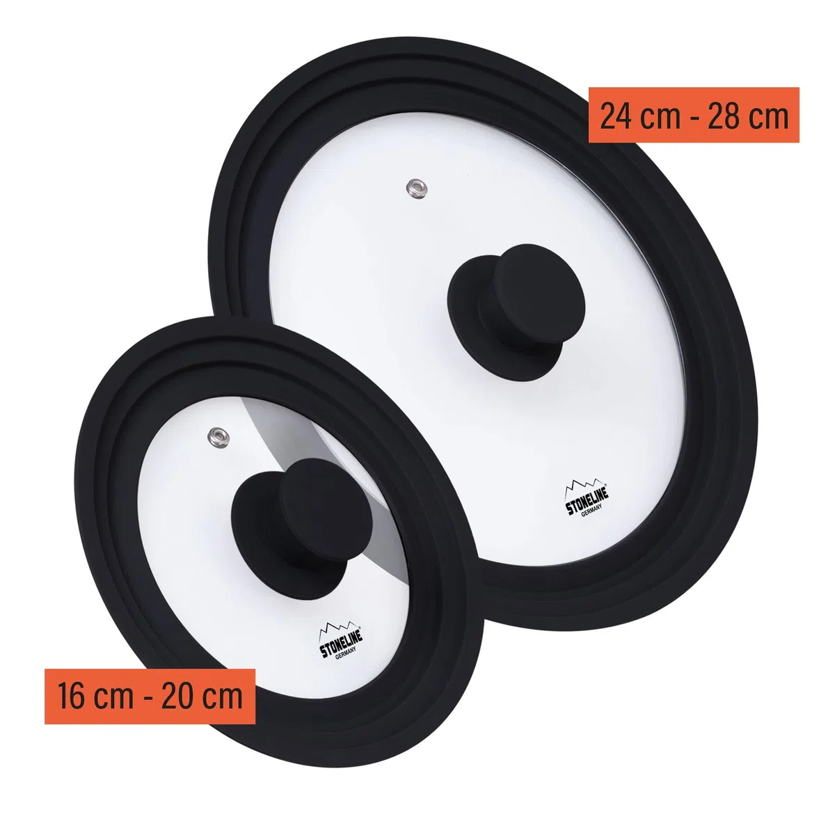 STONELINE 3 in 1 Coperchio Universale Set 2 Pezzi per Pentole e Padelle da 16/18/20 e 24/26/28 cm Coperchio in vetro Universale Bordo Silicone Platino Graduato, Resistente al Calore, 6 Misure, Nero