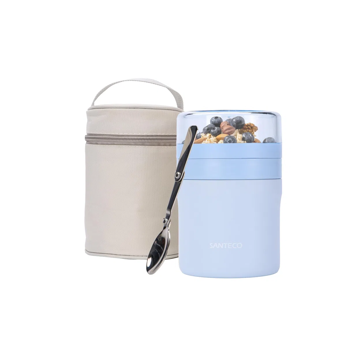 SANTECO Tazza per cereali to go, 500 ml + 220 ml, contenitore termico per cibo con cucchiaio, mantiene caldo 12 ore, lavabile in lavastoviglie, senza BPA, pratica tazza per yogurt, per lavoro, scuola