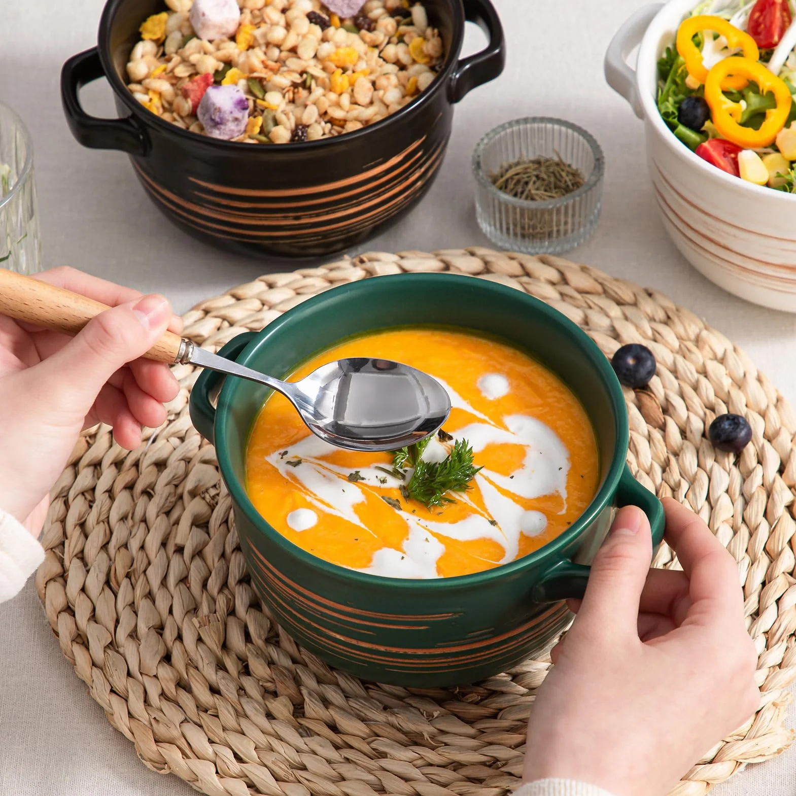 YUN TAO Ciotole profonde versatili con manici da 946 ml, Ciotole in ceramica grandi per cipolle gratinate, ramen, stufati, pot pie, cereali, adatte al forno e lavastoviglie - Set di 4