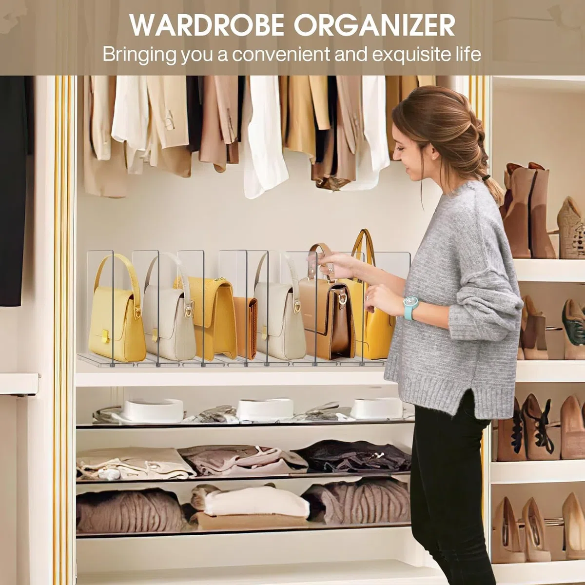 DoubleCare 8 Pezzi Organizer per Borse, Mensole Guardaroba，Divisorio per Ripiani in Acrilico TrasparenteSeparatori per Armadi Regolabili con Base, Perfetto per Borse, Cucine, Librerie, Armadi