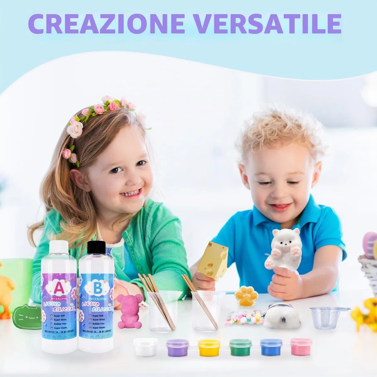Kit per Creare Squishy in Silicone Liquido,Taba Squishy Kit,Gel per Creare I Tuoi Squishie, Senza Bolle e Asciugatura Rapida,con Piccolo Orso,Zampa di Gatto, Stampi per Formaggio, Divertente