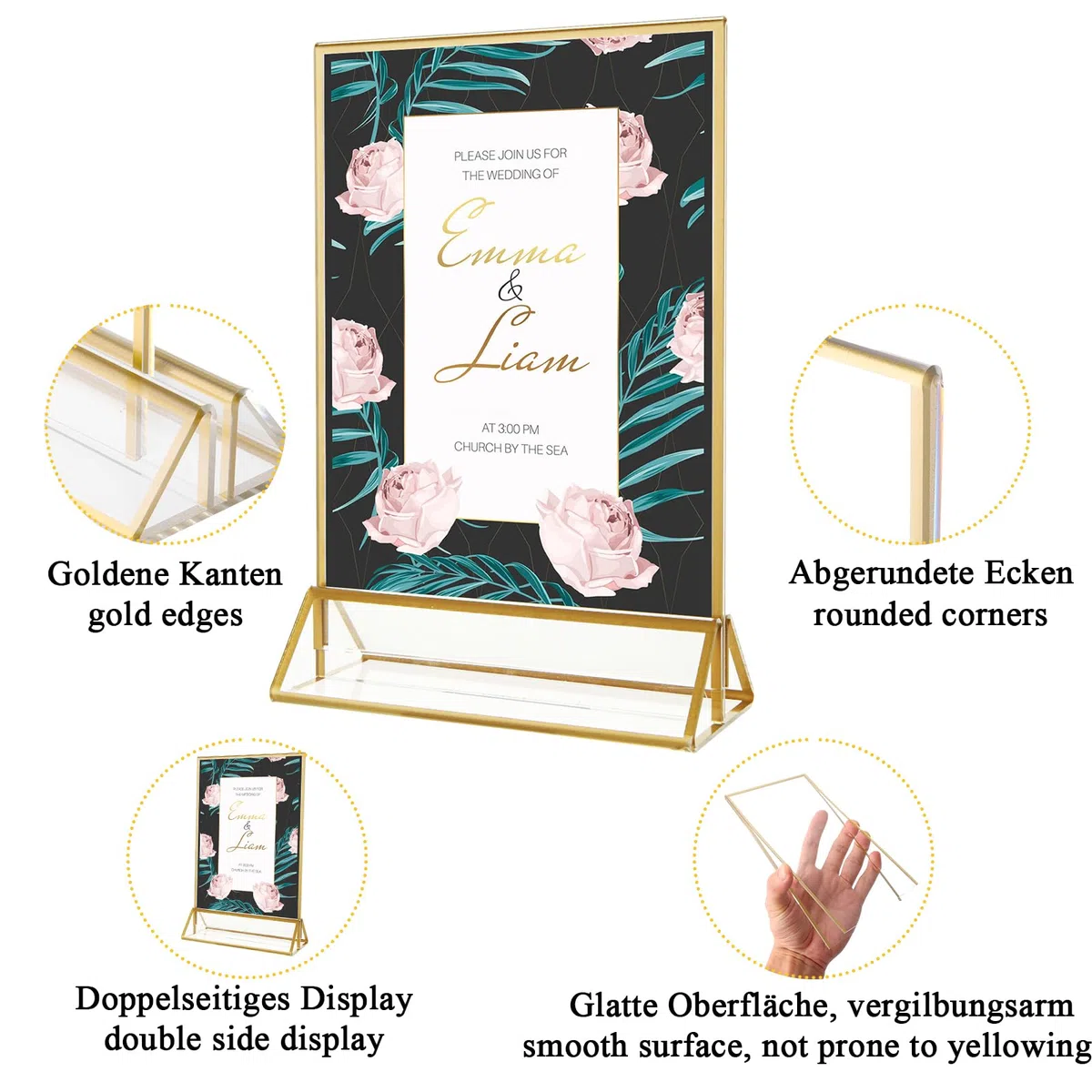 12 espositori da tavolo trasparenti formato A6, 10 x 15 cm, in acrilico, per matrimonio, con bordo dorato, formato A6, supporto doppio a T, per foto, caffè, ristorante, uffici