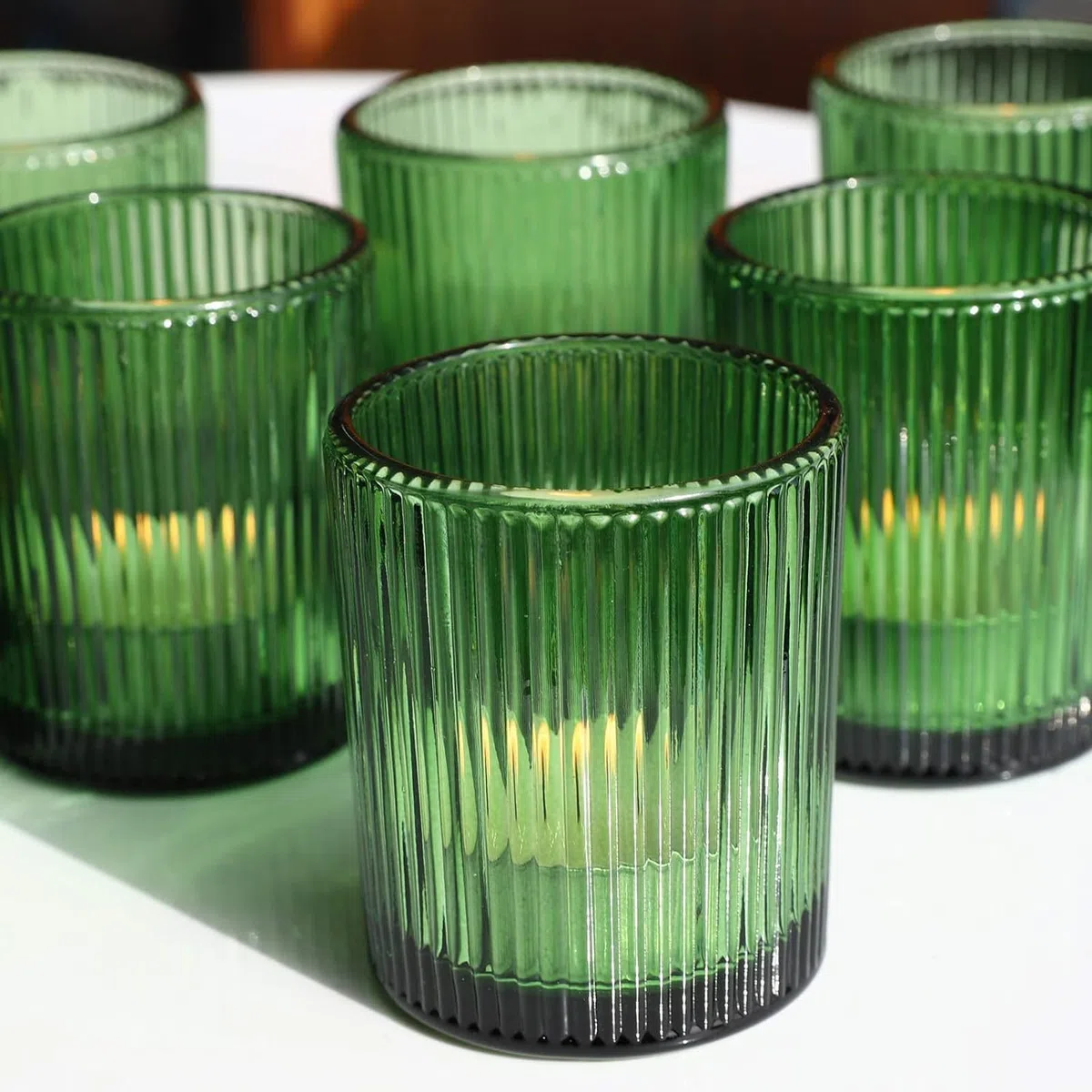12 portacandele in vetro verde a coste, per matrimoni, feste, centrotavola, portacandele in vetro per regalo di compleanno (5,5 x 6,5 cm, verde)