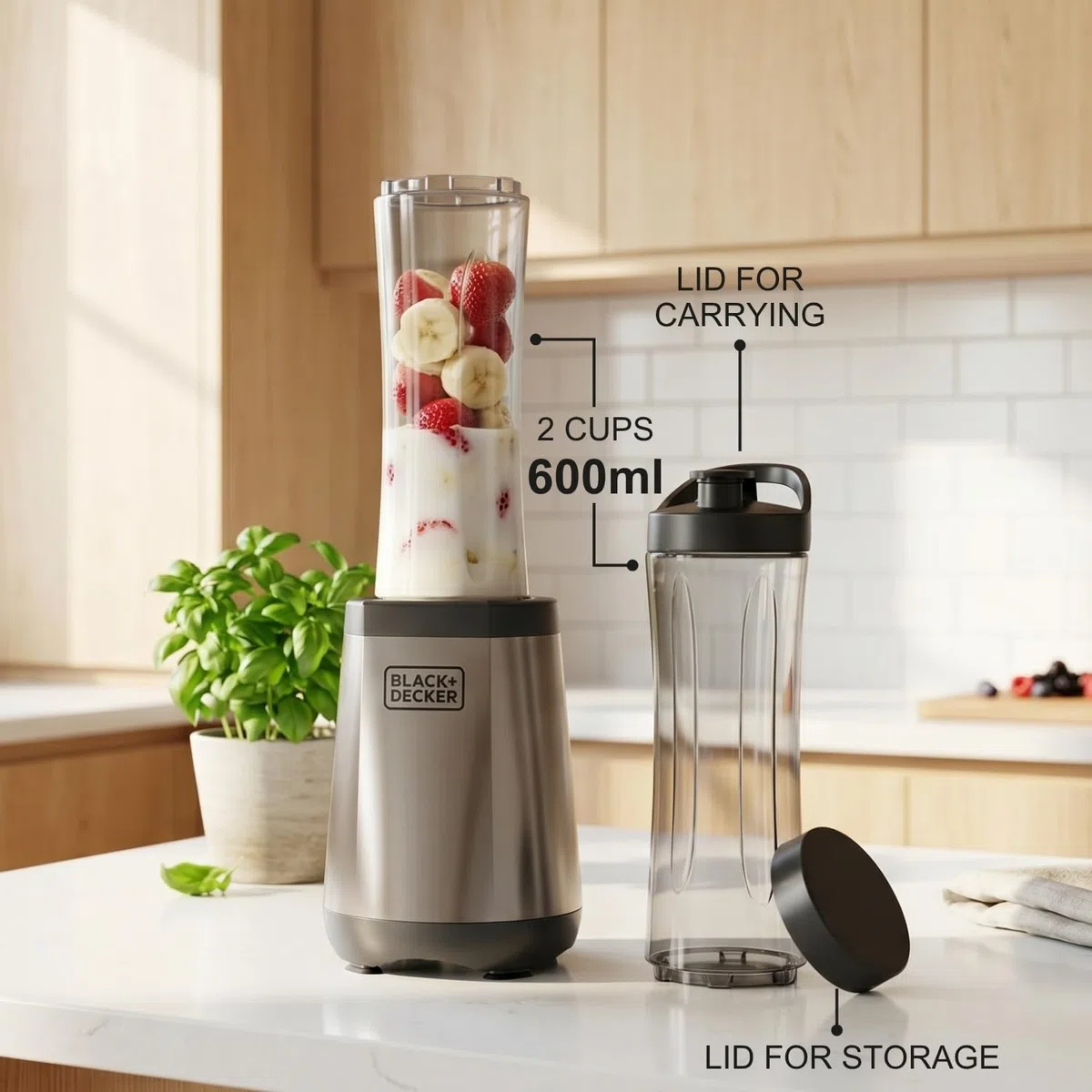 Black+Decker - frullatore personale + 500W | 600 ml | 2 bicchieri portatili | 4 lame inox 304 | trita ghiaccio | lavabile in lavastoviglie | base antiscivolo | finitura anti-impronte