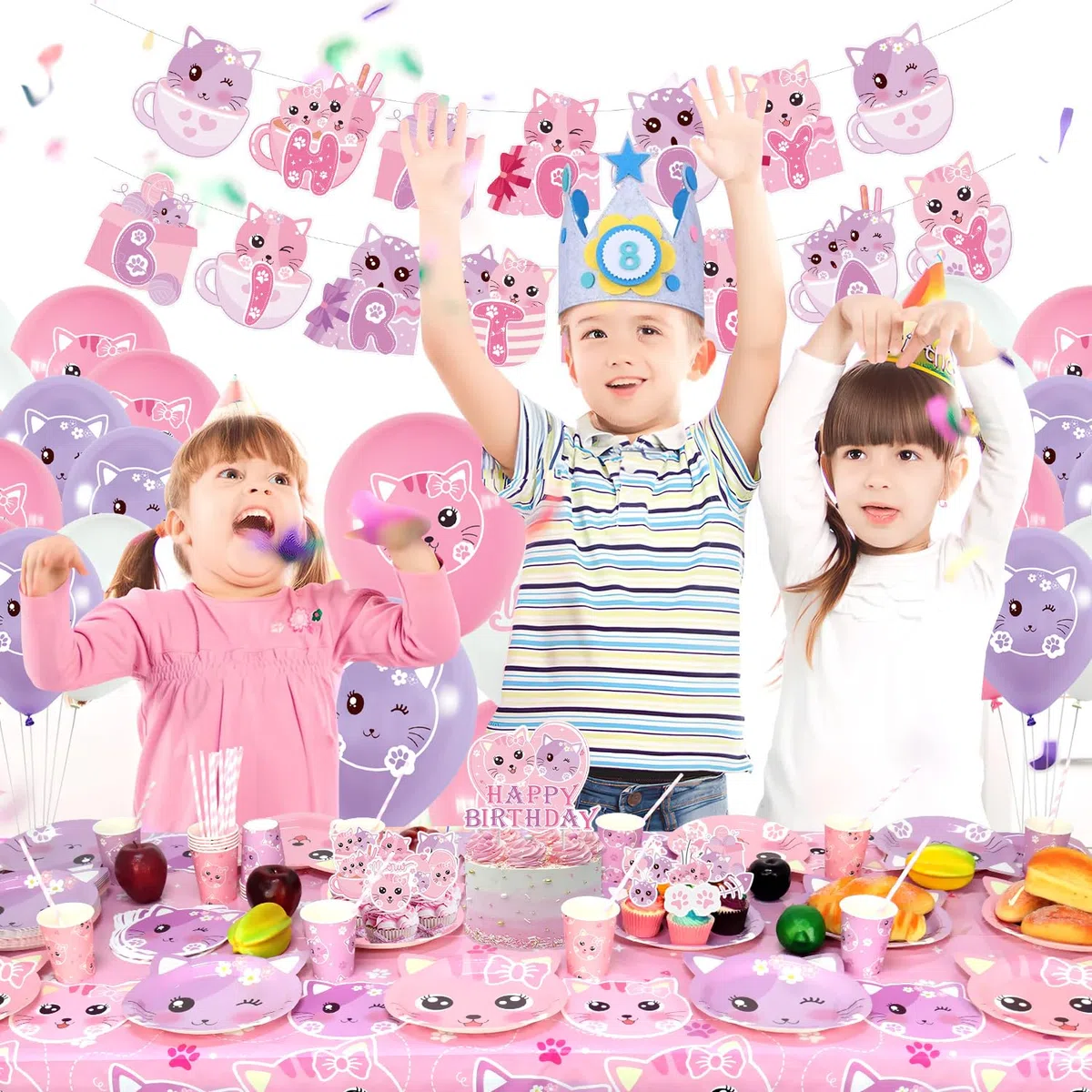 Set di accessori per la festa di compleanno del gatto, striscione di buon compleanno, piatti, tovaglia, tazze, palloncini, cannucce per le decorazioni della festa del gatto per bambini, per 20 ospiti