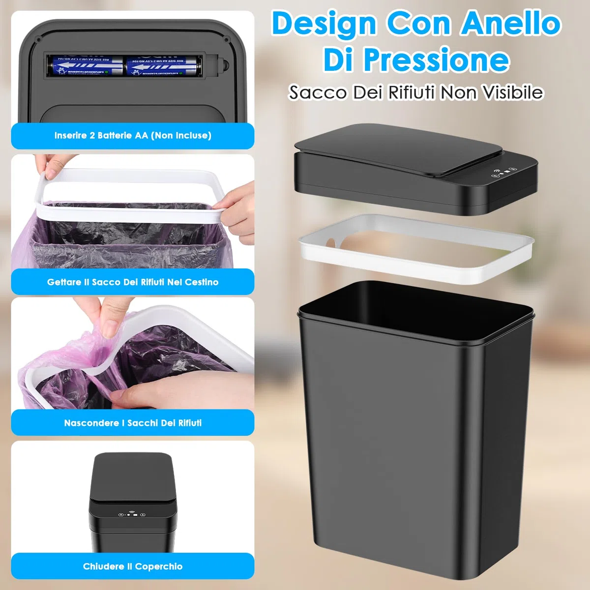 2 Cestino Bagno Pattumiera, Cestino Spazzatura Bagno Piccola da 12 litri, 3 Modalità di Funzionamento, Cestino Intelligente Silenzioso e Impermeabile, per Cucina, Ufficio, Soggiorno