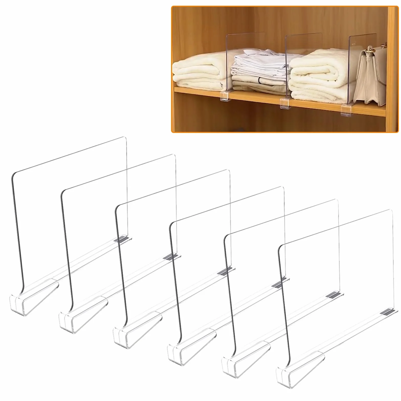 6 Pcs Divisori Scaffali Acrilico Trasparenti, Divisorio Organizer Armadio Interno, Ripiani Multifunzione Regolabile, Mensole Verticale Guardaroba Staccabili per Camera Letto, Cucina, Ufficio, Cassetti