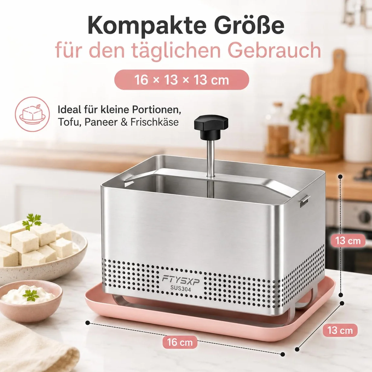Tofupress 304 - Pressa per formaggi in acciaio inox con pressione regolabile, per tofu e formaggio, multifunzione, in acciaio inox, per prosciutto e pressa per carne, sicurezza lavastoviglie (16 x 12