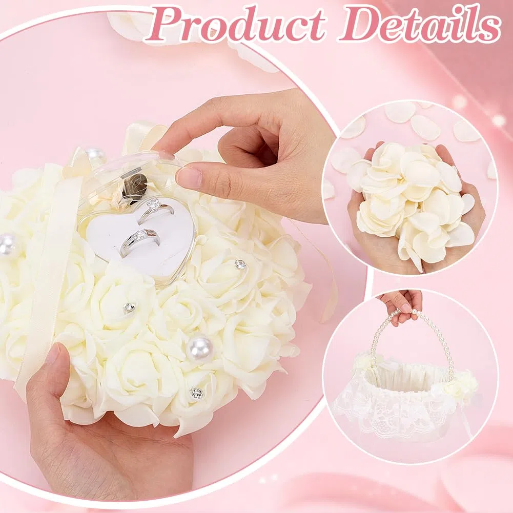 PH PandaHall 1 Set Cesto per Damigelle da Sposa Cesto Nuziale di Perle con Petali Artificiali Cuscino Espositore per Anelli Accessori per Decorazioni Nuziali per Matrimoni