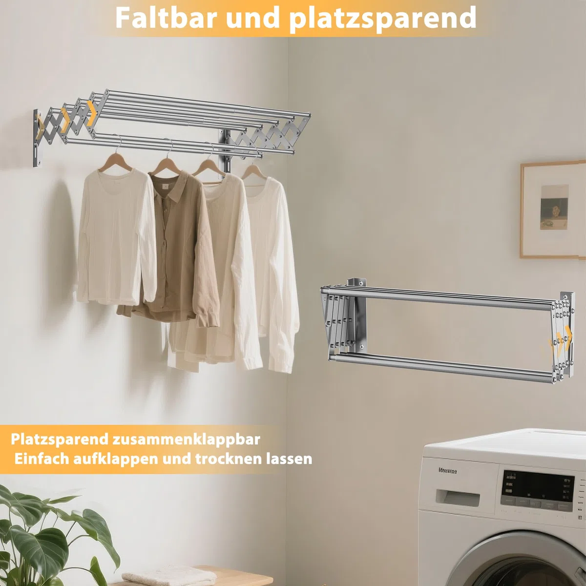 OUUTMEE Stendibiancheria a Parete in Acciaio Inox, Allungabile, Area Telescopica Anteriore e Posteriore: 12~36cm, con Sette Barre di Trazione, Capacità di Carico 25kg (Argento)