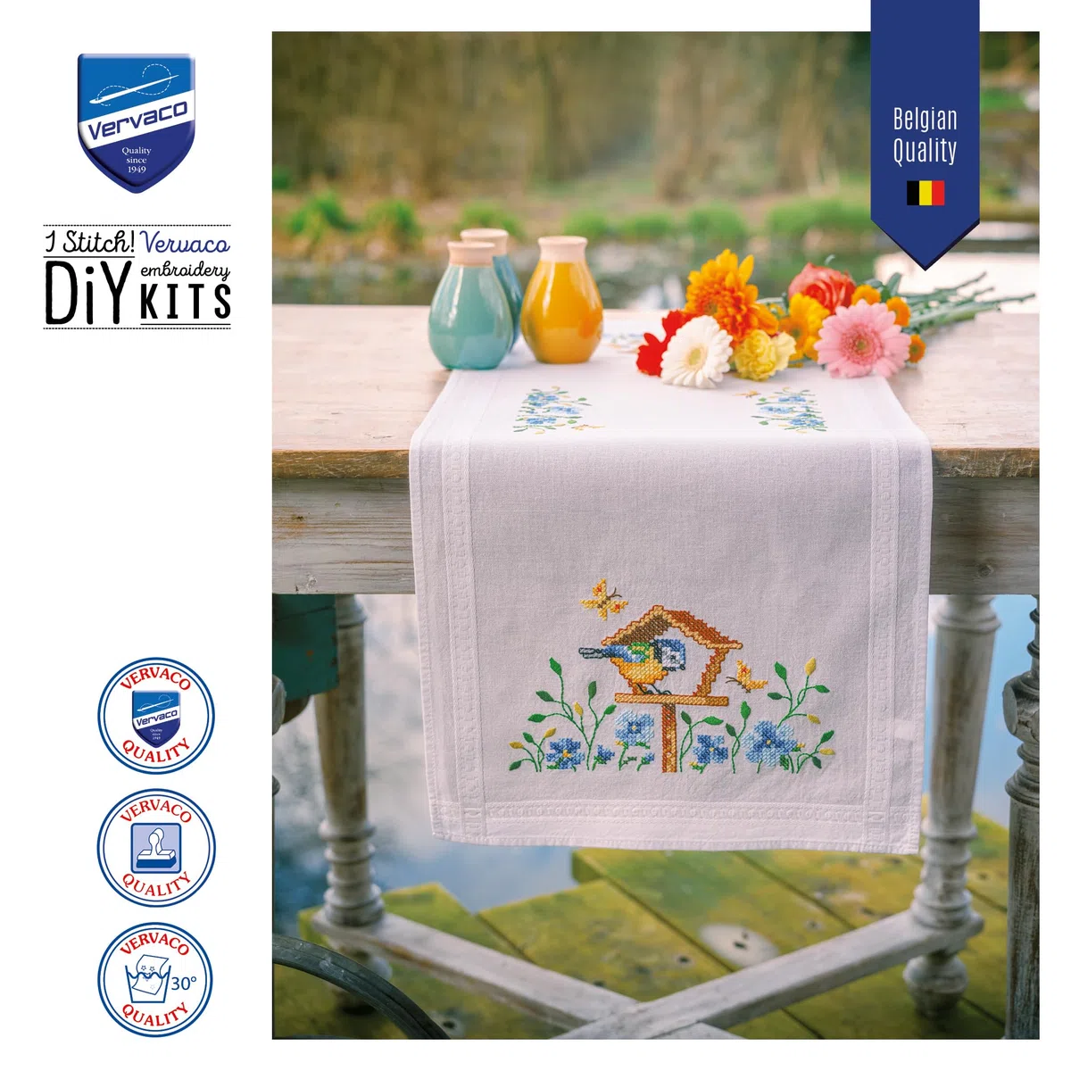 VERVACO Kit Centrotavola Ricamo Prestampato CASE DI UCCELLI Set Ricamo Biancheria Da Tavola 40 x 100 cm Set Fai Da Te Creativo Size Kit Hobby Creativi Adulti Casa Decor Embroidery Embroidery Runner