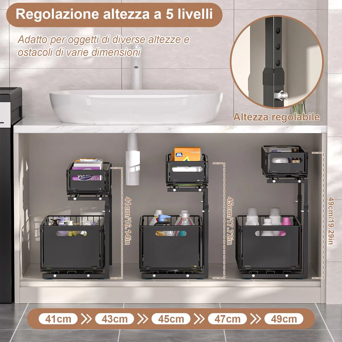 Organizer Sottolavello Cucina 2 Livelli,Sottolavello Cucina Metallo,Altezza Regolabile,Organizzatore Sottolavello Cucinas,Estraibile,Nero,1 Pezzi