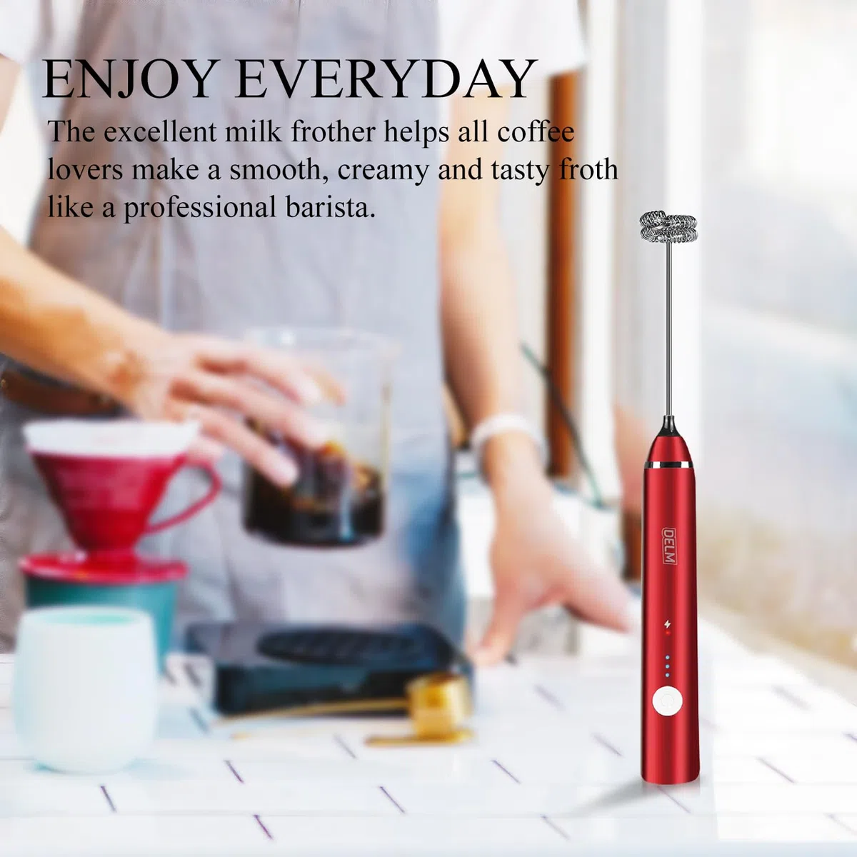 Delm Montalatte elettrico USB Accessori Frullatore in acciaio inossidabile (rosso)