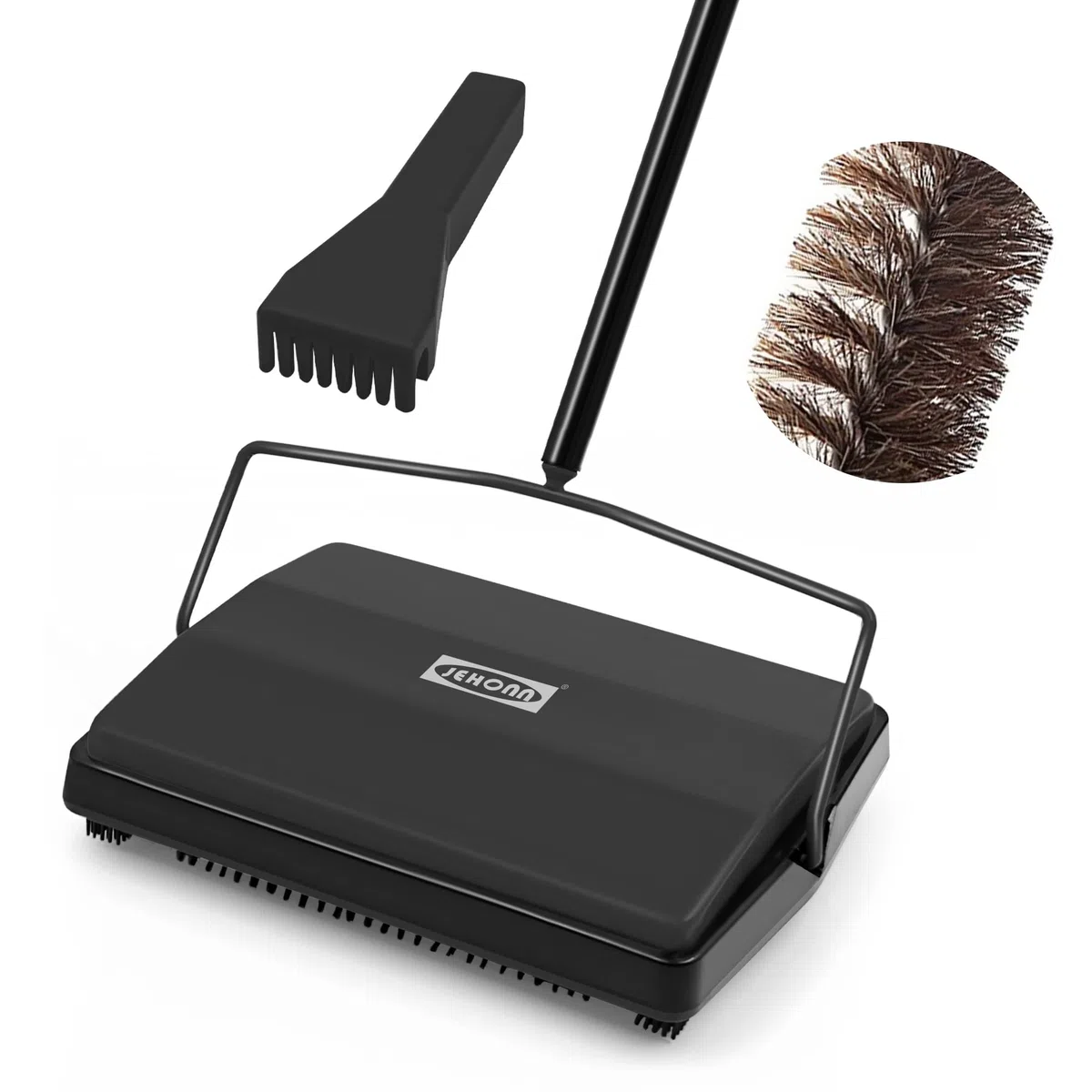 JEHONN Spazzola per Tappeti, Balai Meccanico Manuale con Crine di Cavallo, Senza Elettricità,Pulisci Tappeto e Moquette (Nero)