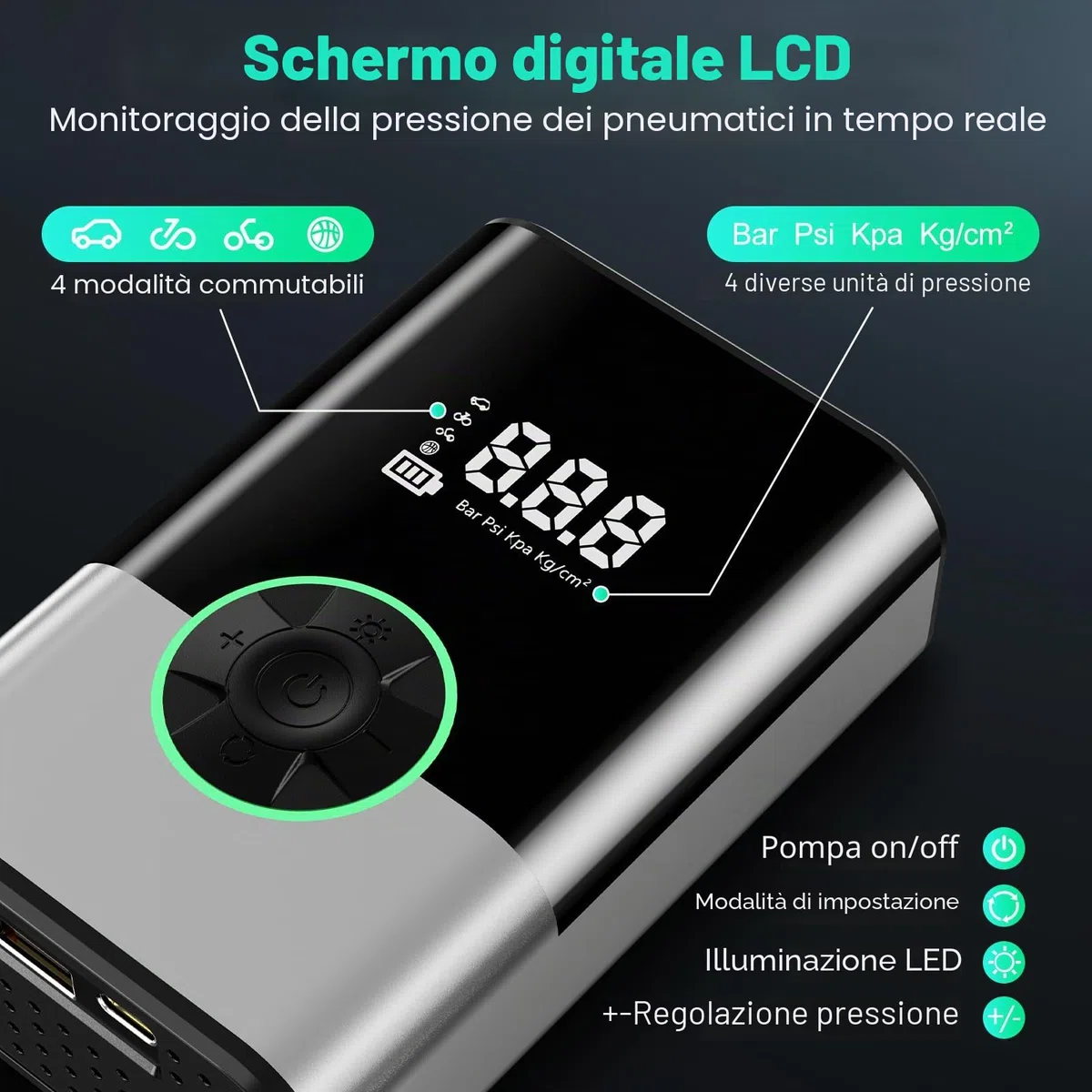 6000mAh Pompa ad Aria Elettronica Portatile, 150PSI Pompa per Bicicletta Elettrica, Compressore d'Aria Portatile Senza Fili, Compressore d'Aria Elettrico Portatile, Pompa per Auto, Nero