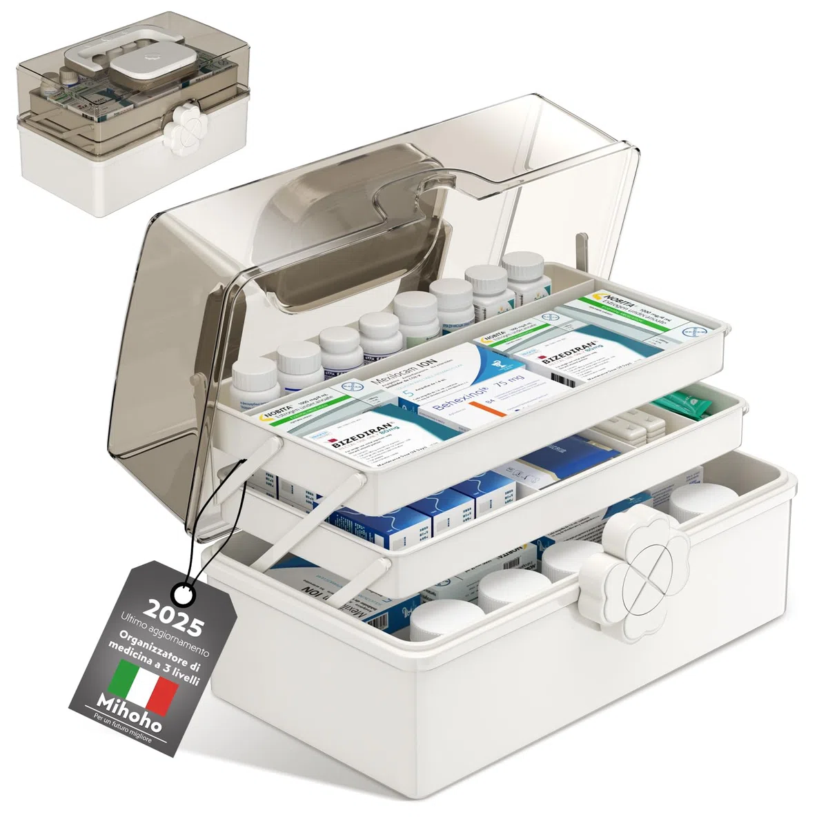 Mihoho Grande scatola per medicinali a 3 strati, organizer per medicinali a 3 livelli, organizer per scatole di immagazzinaggio con scomparti, custodia per kit di emergenza per la famiglia (bianco K)