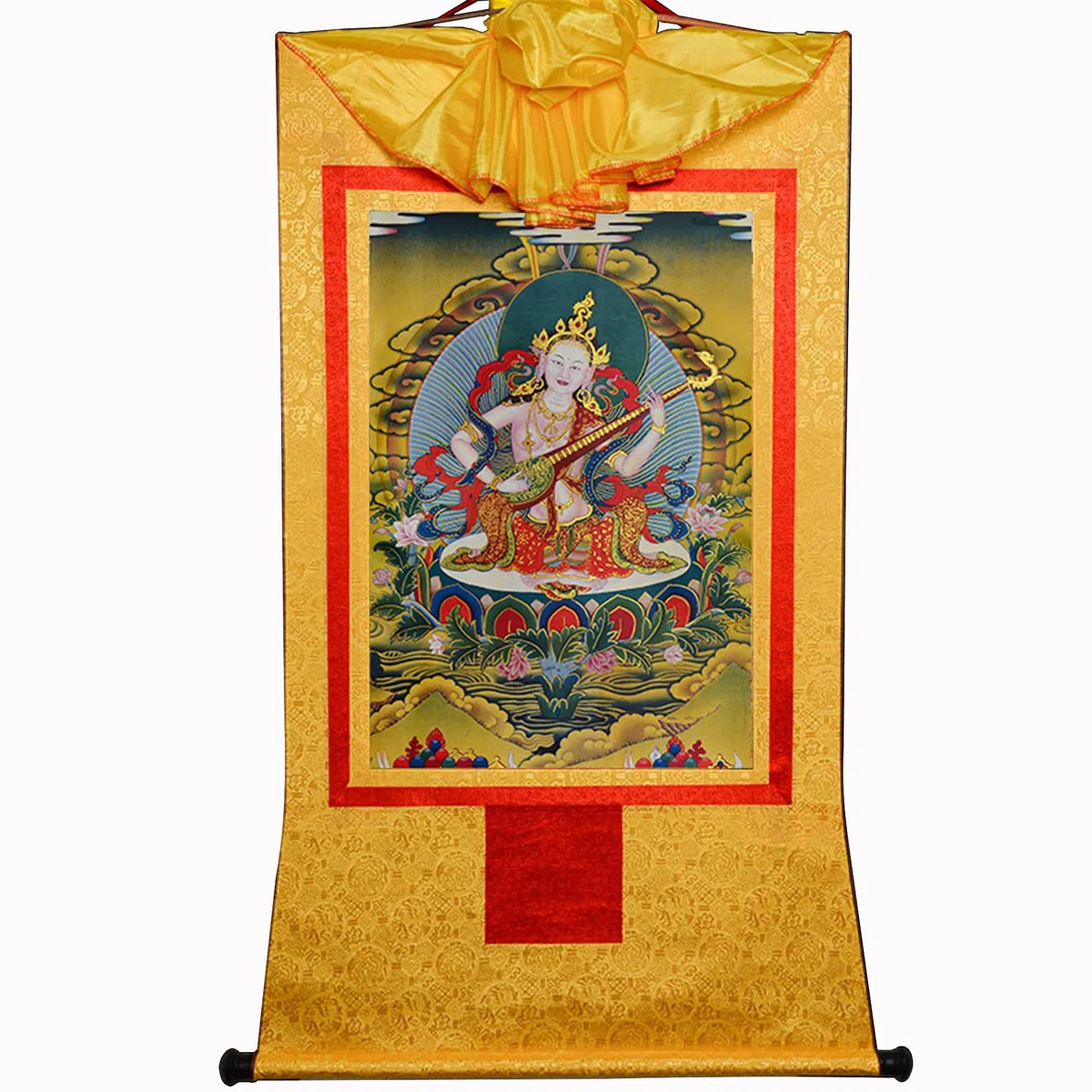 Gandhanra Thangka Tibetano - Saraswati Thangka - Arazzo di Buddha a Stampa Dorata per Decorazione Zen, Meditazione, Rilassamento Spirituale e Pace
