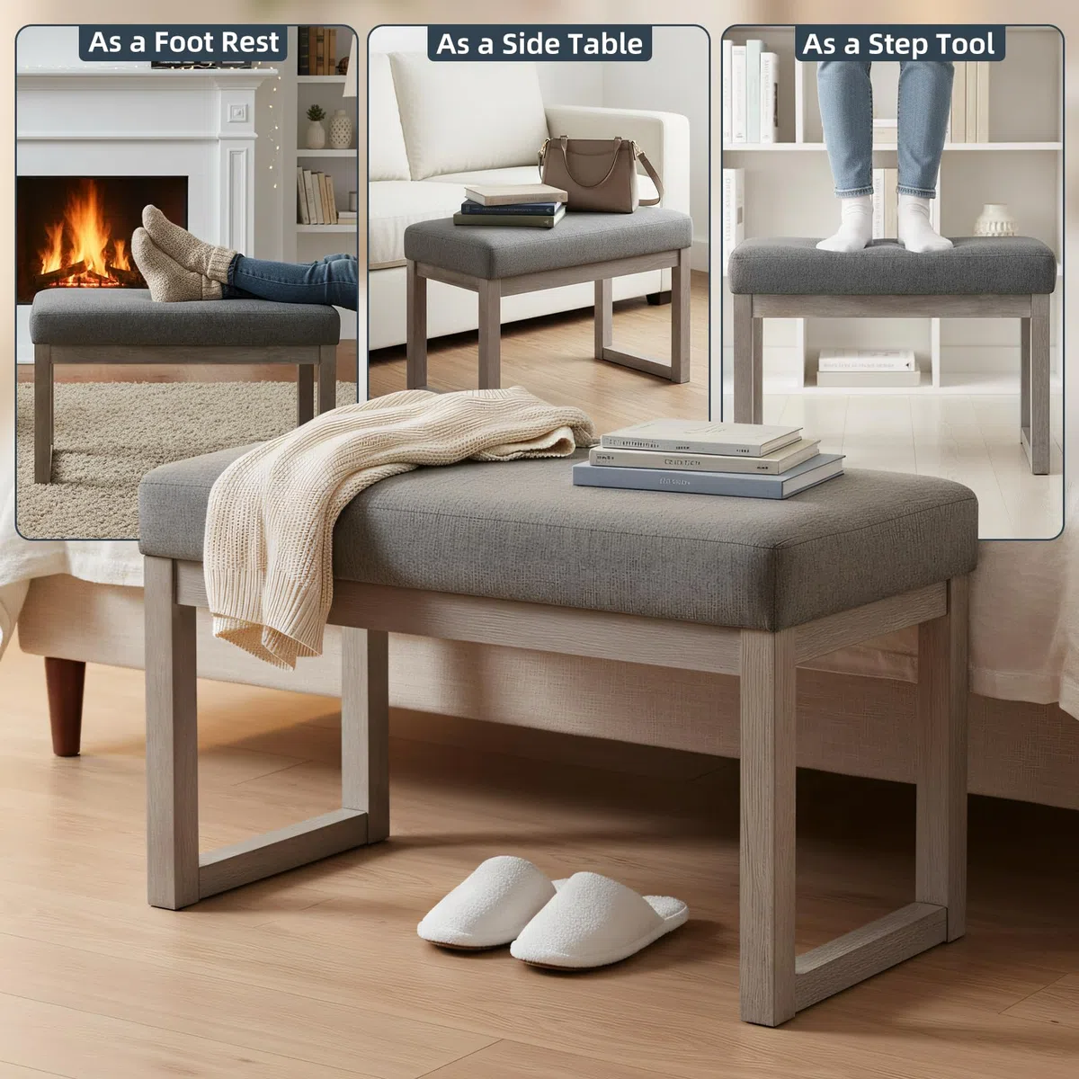 CangLong 70cm poggiapiedi rettangolare Confortevole panca in legno imbottita in tessuto per il soggiorno, la camera da letto e l'esterno, grigio