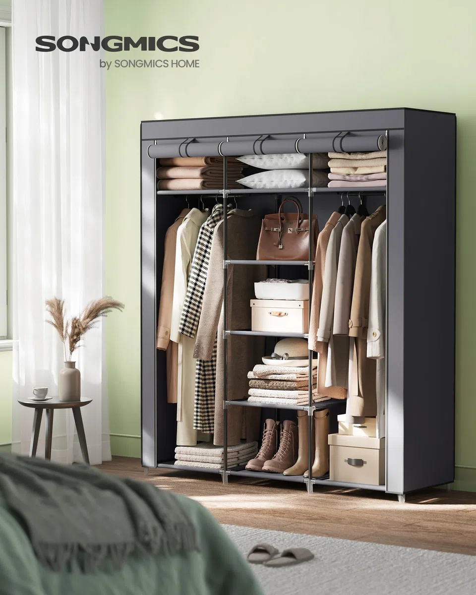 SONGMICS Armadio in Tessuto, Guardaroba Pieghevole con Barra di Sospensione, Appendiabiti, Scaffale per Borse, Giocattoli, Scarpe, Soggiorno, Camera da Letto, 150 x 45 x 175 cm, Grigio RYG12G
