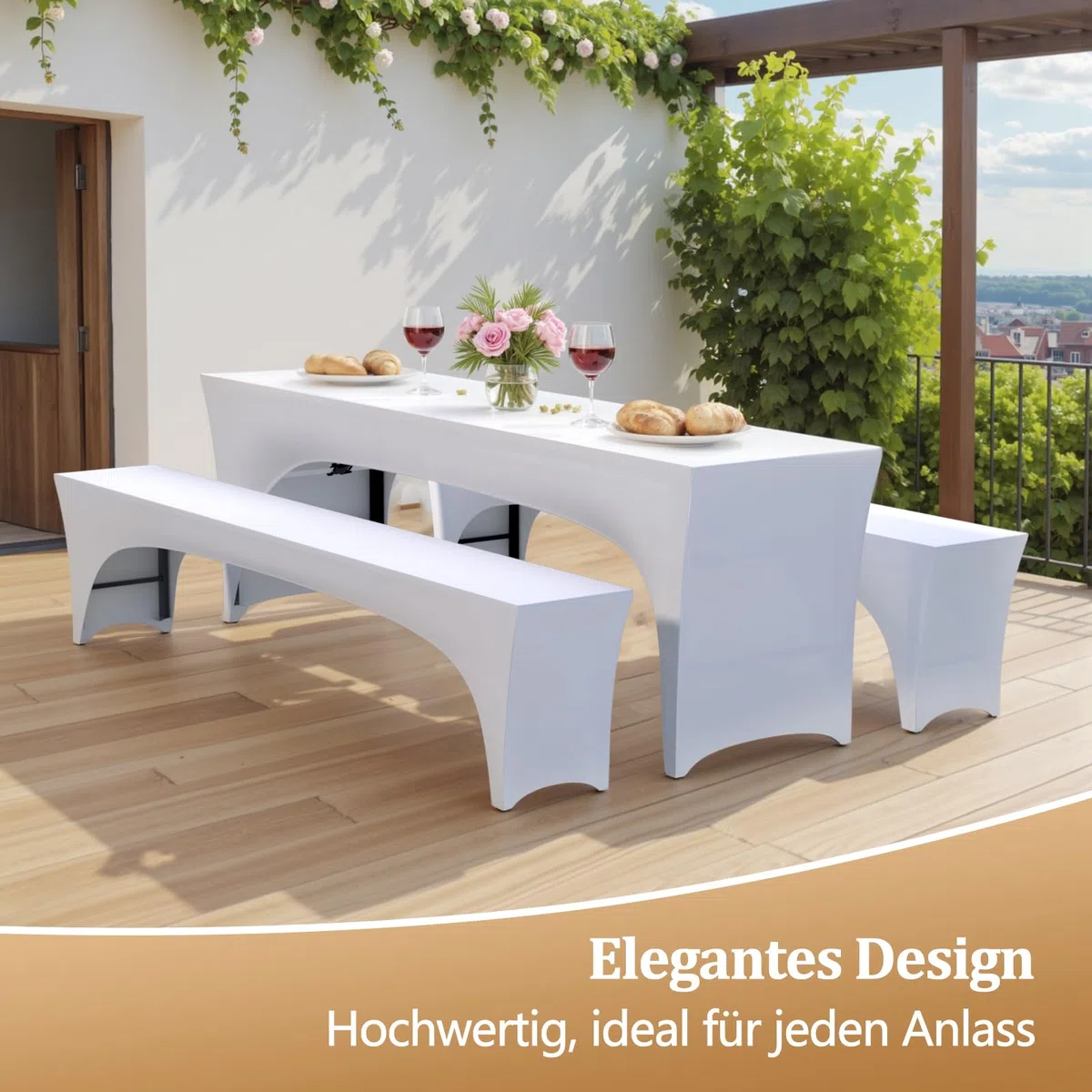 Alishomtll Set di 3 coperture elastiche per tavolo da birra, per tavolo da birra, banchetti, mobili da giardino, 220 x 70 cm, colore bianco