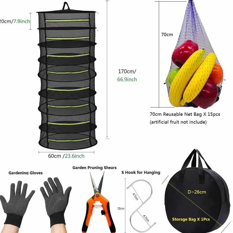 Rete Essiccazione Erbe Aromatiche Sospeso Pieghevole,Essiccatore di erb 8 Strati con Gancio,Borsa,Guanti da Giardinaggio,Forbici da Potatura,Stendino per Erbe Essiccazione Netto-φ60 x H170cm