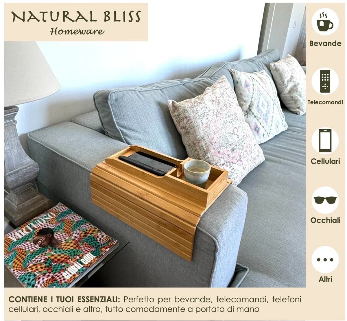 Natural Bliss Tavolino da Divano in bambù – Vassoio Portaoggetti per Bracciolo | Tavolo Flessibile, Pieghevole e Regolabile – Ideale per Tazze, Telecomandi e Cellulari
