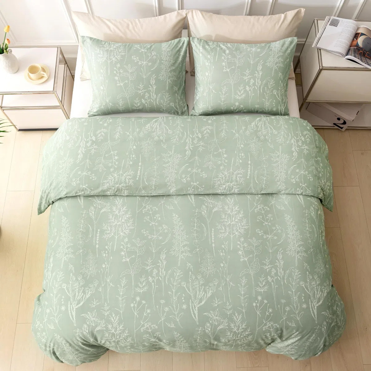 Tokokimo Set Copripiumino Matrimoniale 240x220 cm 100% Microfibra Stile Rami e Foglie Dipinti a Mano, Copripiumone Morbido e Resistente Alle Rughe, 1 copripiumini + 2 Federa 50x80, Verde Salvia