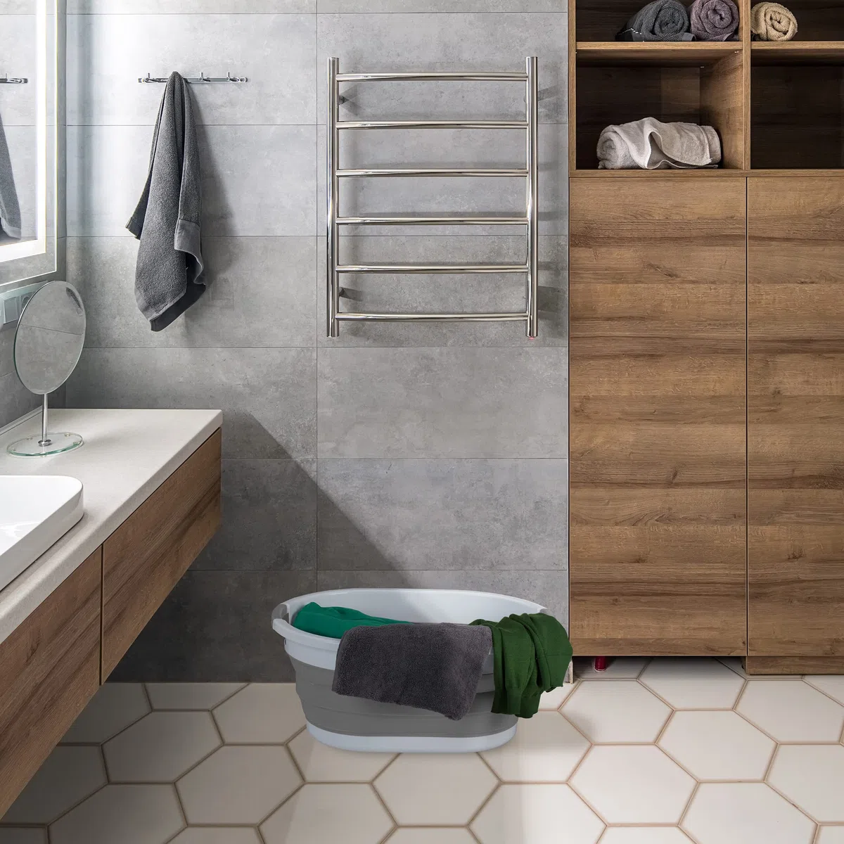 Relaxdays Cesto Portabiancheria Pieghevole, 36 Litri, Contenitore Salvaspazio in Plastica con Impugnature, Grigio Bianco