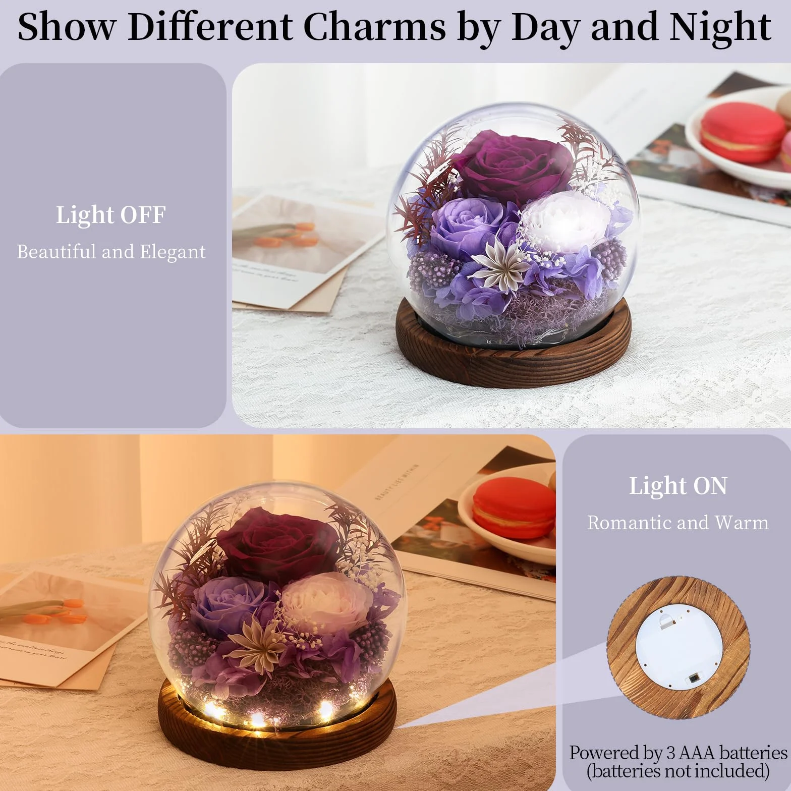 Emibele Regalo Rosa Eterna per la Festa della Mamma, Rosa Reale Conservata in Cupola di Vetro con LED, Fiori per Consegna, Regalo per Donna, Moglie, Compleanno, Anniversario, Viola