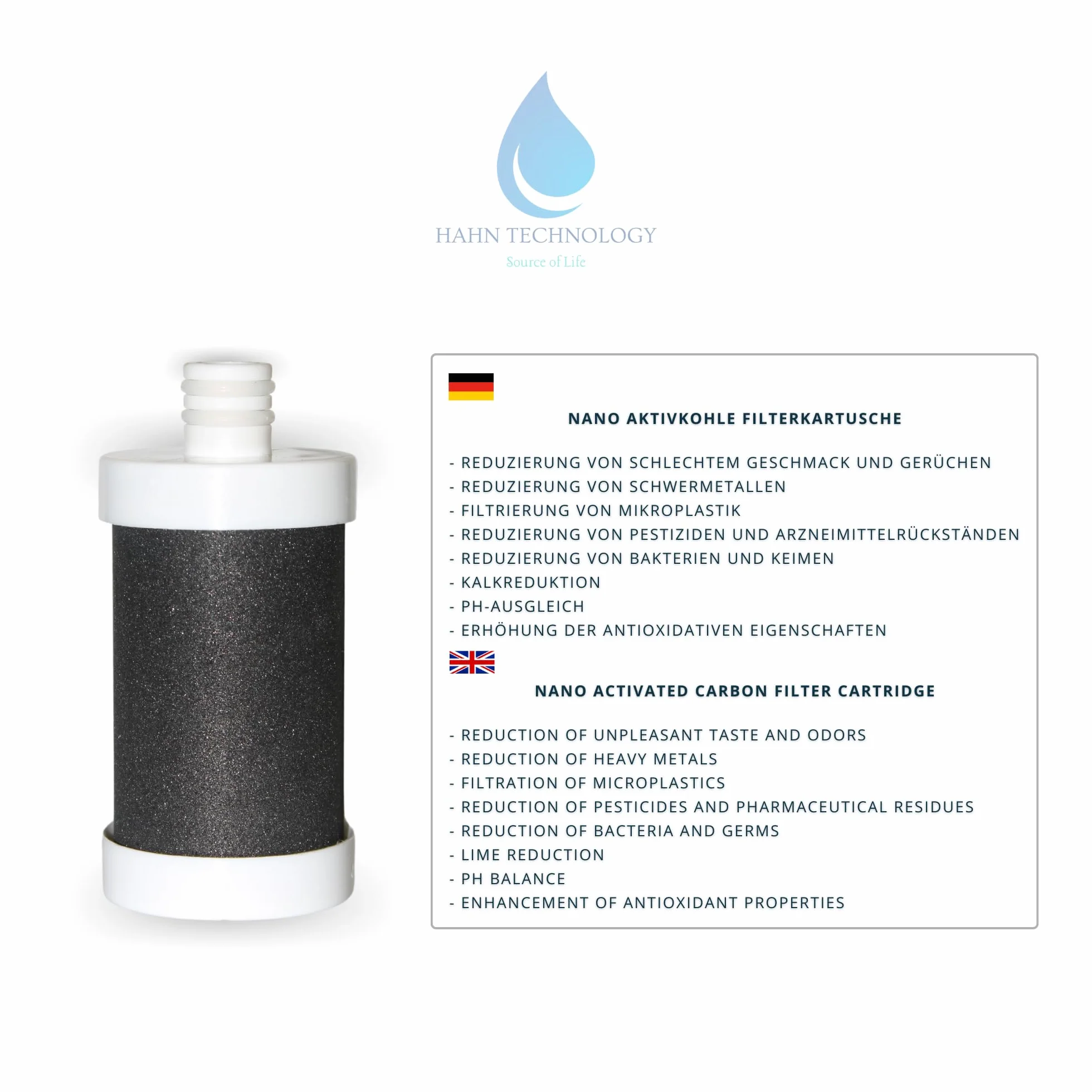 Filtro acqua per rubinetto – Cassa in acciaio inox con cartuccia filtro a carbone attivo Plus | Per acqua potabile pulita | Rimuove cloro, microplastica e sostanze nocive