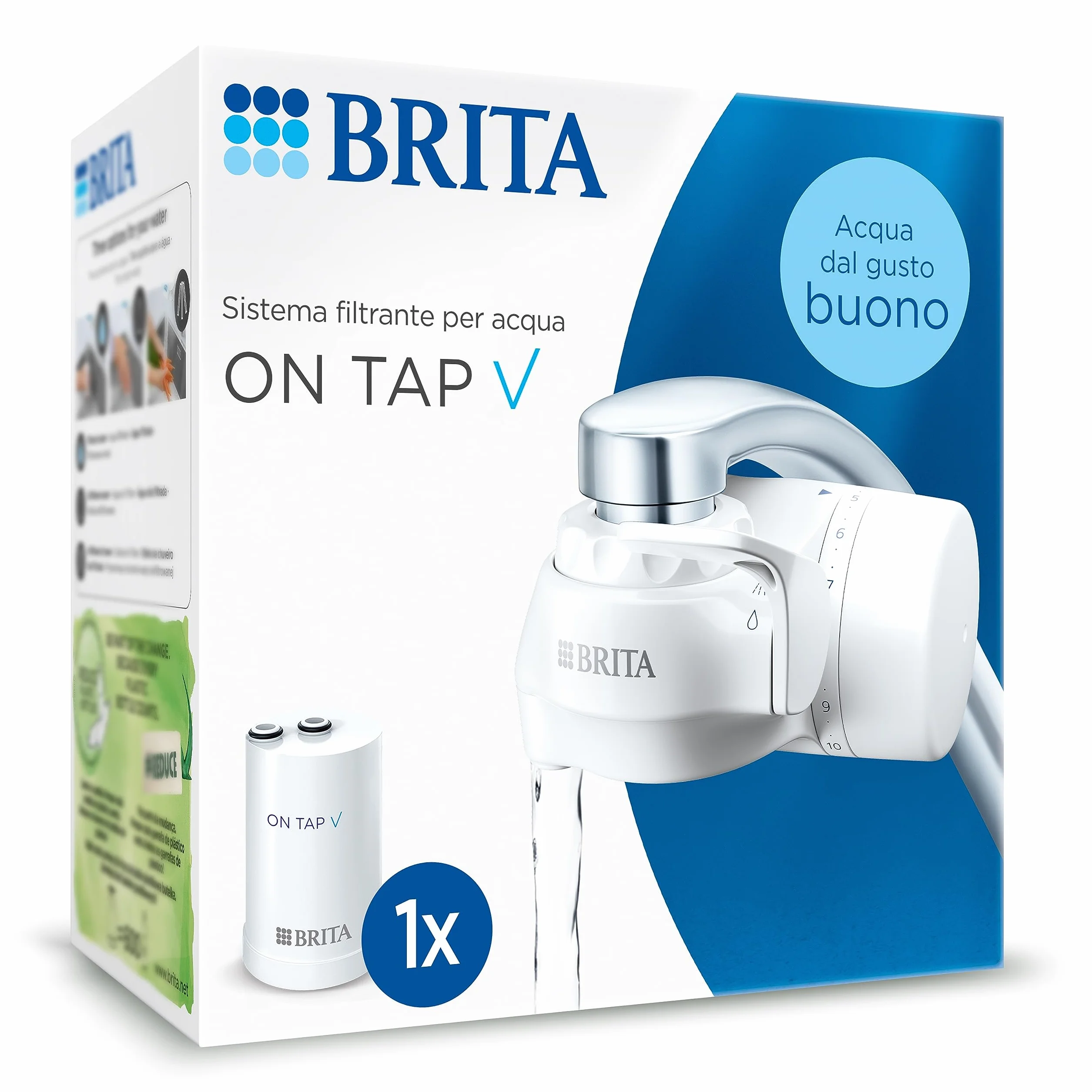BRITA ON TAP V incl. 1 x filtro acqua rubinetto V (4 mesi) - riduce cloro, PFAS, piccole particelle e metalli - indicatore durata filtro manuale