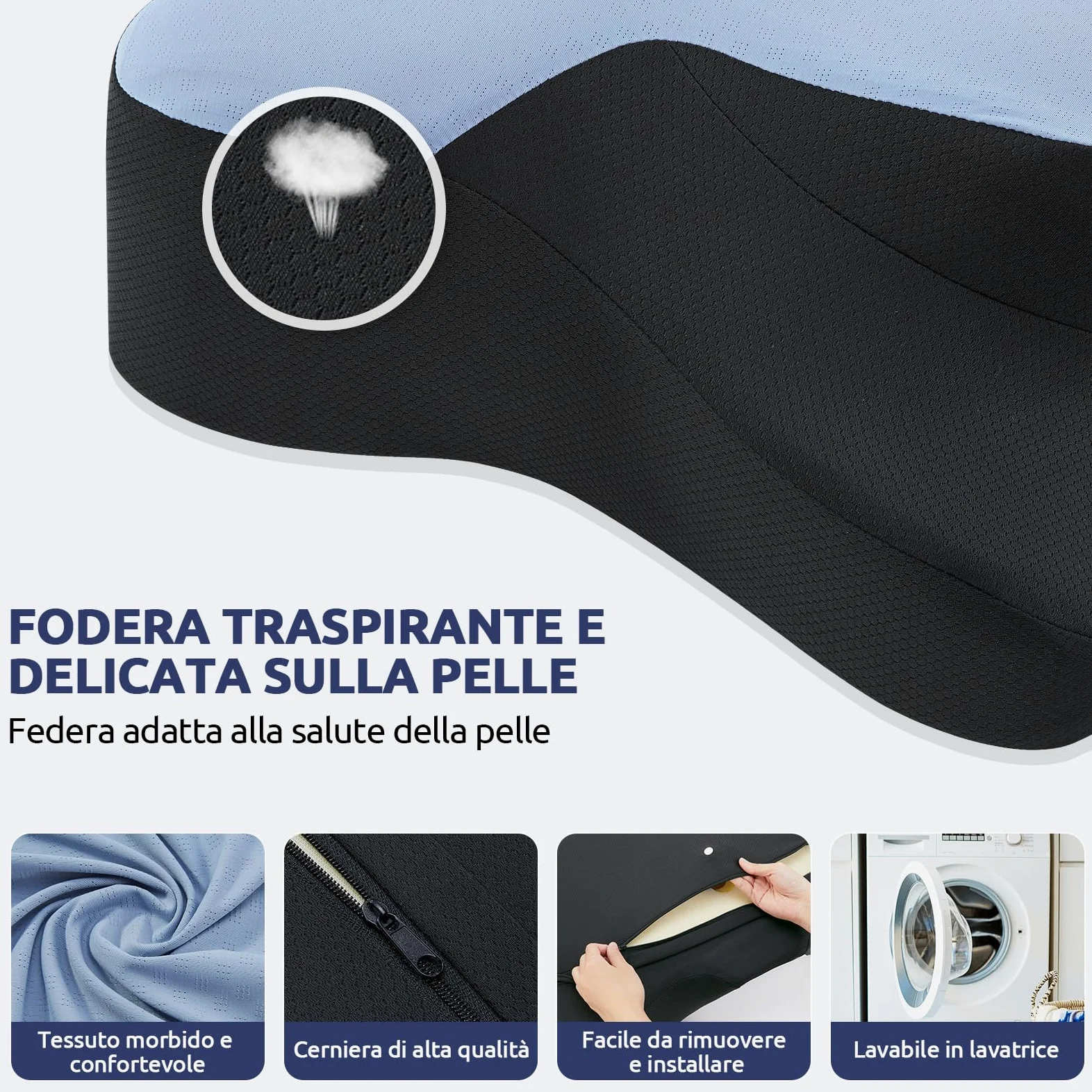 DONAMA cuscino cervicale per dormire, cuscino ergonomico cervicale per Dormitori Laterali, Supini e Proni con Federa Sfoderabile e Lavabile (Blu Nero, 66x37x13 cm)