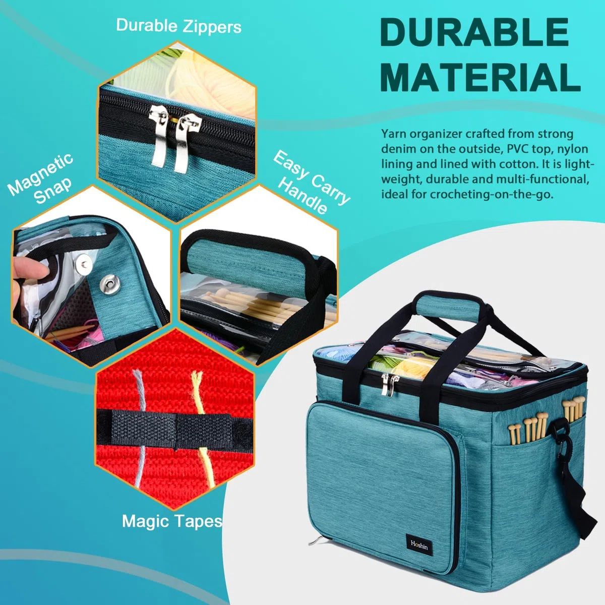 Hoshin Borsa Porta Lavoro a Maglia,Honshin Borsa Porta Gomitoli Uncinetto Portatile per Trasportare Progetti, Ferri da Maglia, Uncinetti, Gomitoli di Filato(Verde)