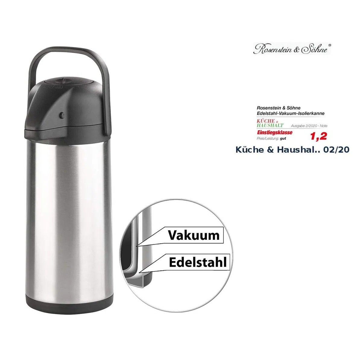 Rosenstein & Söhne Caraffe per bevande calde - canna di pompaggio 3 litri: Doppia parete Bollitore a vuoto, Sistema di pompaggio, acciaio inossidabile, 3 litri (distributore caffè 3)