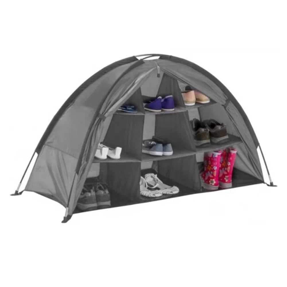 Organizer da campeggio pieghevole a 9 ripiani per camper, tessuto Oxford con asta in fibra di vetro, portata 13,6 kg, scaffale portatile per vestiti e scarpe, grigio