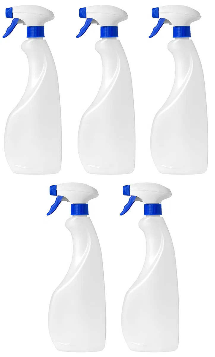 Flacone di plastica spray vuota da 750 ml (5 unità) Traslucido e riciclabile HPDE - casa e professionale - Pistola per prodotti chimici, liquidi, alcolici ecc.