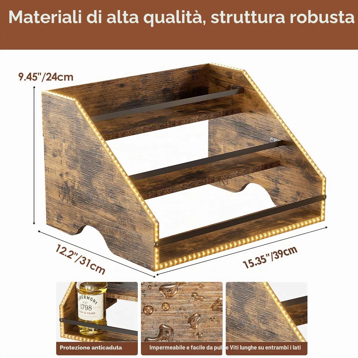 Nuovoware Scaffale Espositivo per Bottiglie Liquore Illuminato LED, Scaffale Legno 3 Gradini con Recinzioni Maniglie Portatili, 12 Bottiglie Whisky Espositore Vini Retrò Bar Domestico Feste, Marrone