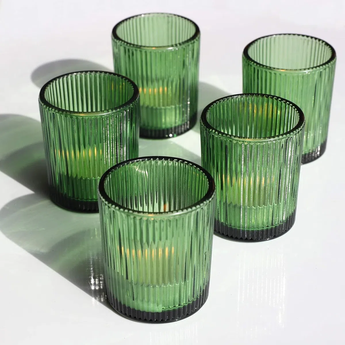 12 portacandele in vetro verde a coste, per matrimoni, feste, centrotavola, portacandele in vetro per regalo di compleanno (5,5 x 6,5 cm, verde)