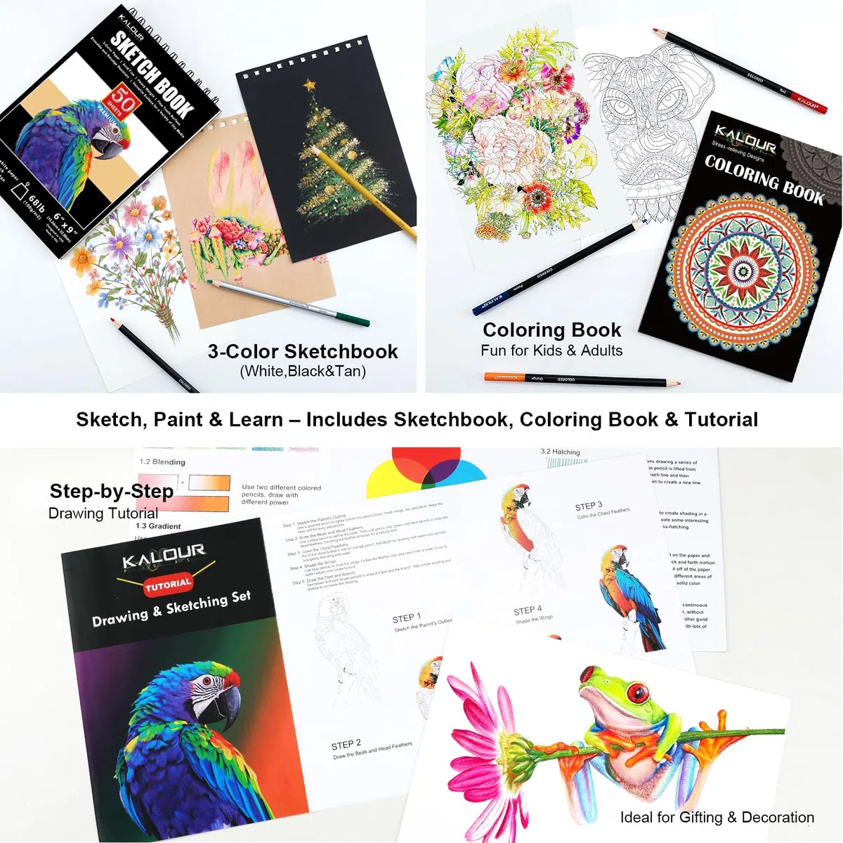 KALOUR PDAS 112 Set per Disegno Kit da Schizzo, Forniture Artistiche Professionali con Libro da Schizzo a 3 Colori & Libro da Colorare, Matite Neon, Colorate, Acquerello, Metalliche, Grafite