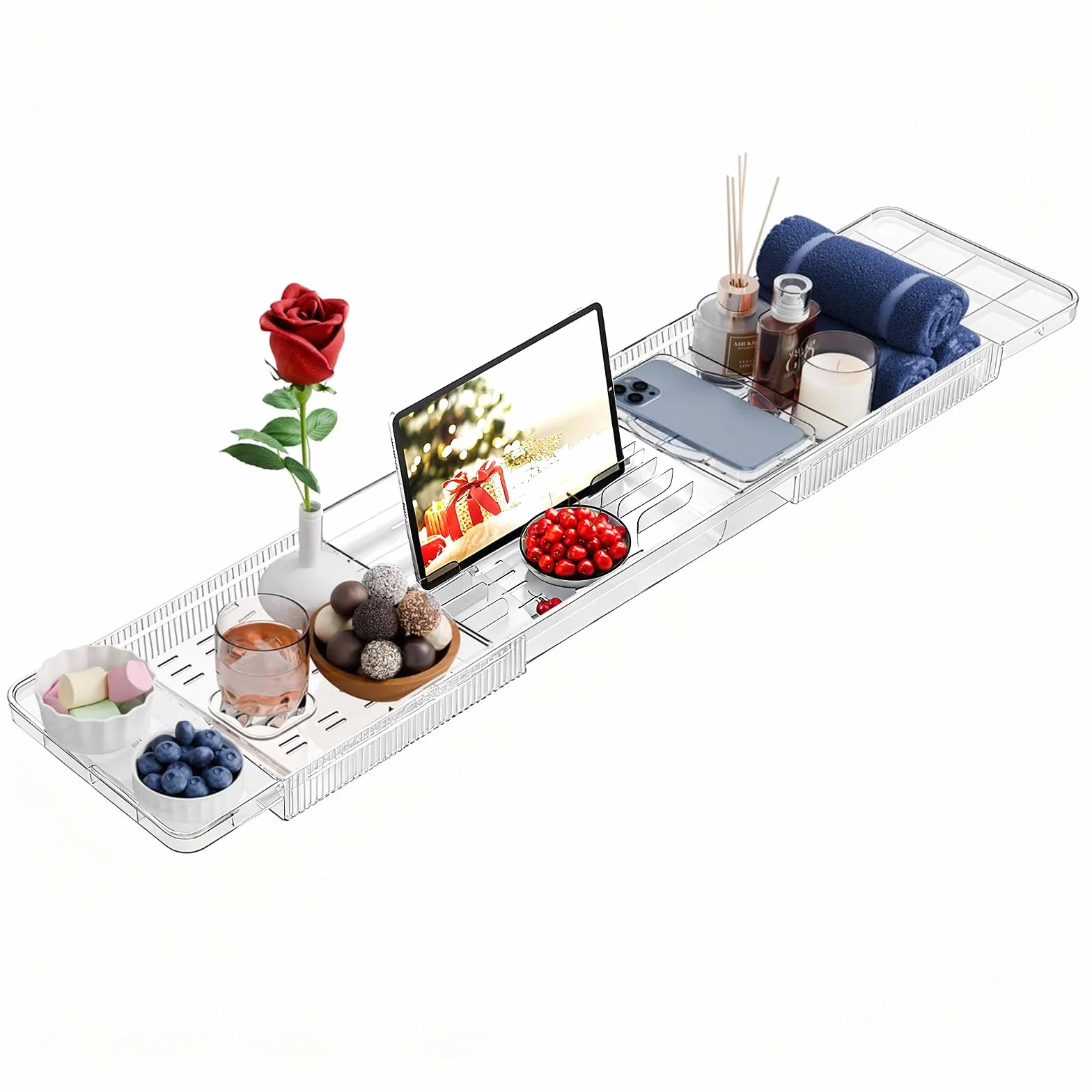 Vassoio Vasca da Bagno in Acrilico, Regolabile per Vassoio da Bagno Portaoggetti, Mensola Vasca da Bagno per Contenere Libro, Ipad, Telefono, Bicchiere, Candela, Accessori Vasca da Bagno Trasparente