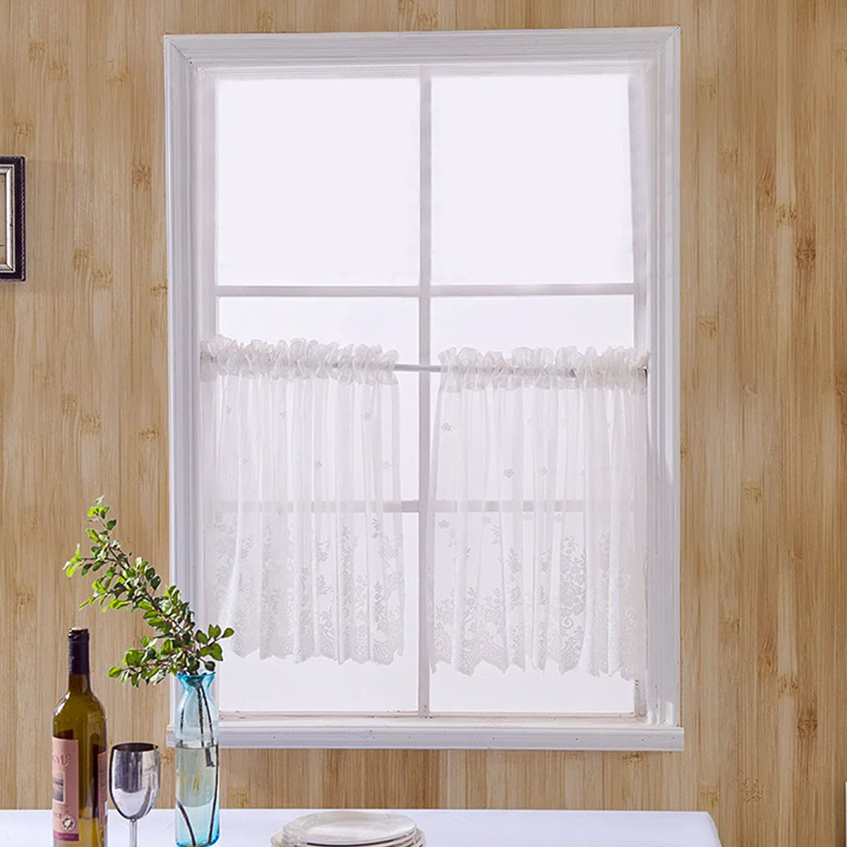 Betos Tende corte metà, pizzo piccola finestra Voile tende cucina Cafe Mezza Tenda Valance per Cafe Cucina Bagno Finestra Tenda (2 pannelli 74 * 90 CM-Bianco)
