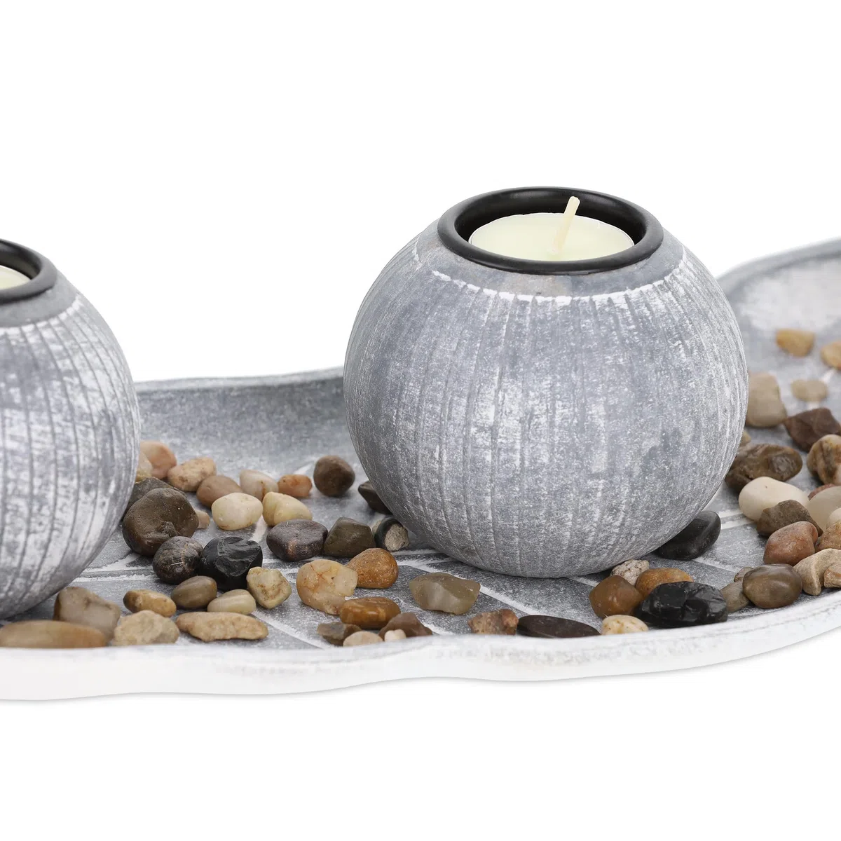 Relaxdays Portacandele Decorativo con Vassoio e Pietre, Lungo 50 cm, Decorazione per Tavolino e Soggiorno, Grigio Bianco