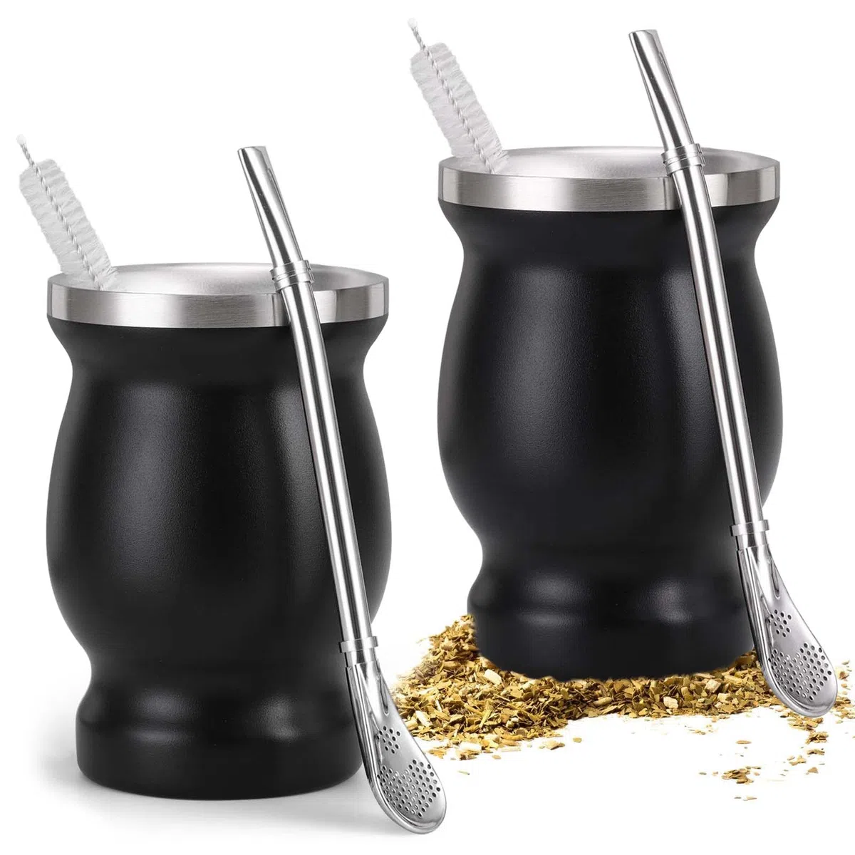 Set di 2 tazze da tè Mate con cucchiaio e spazzola per la pulizia, in acciaio inox, set di tazze da tè Yerba Mate Safe and Durable per cucina, caffetteria, ristorante (nero)