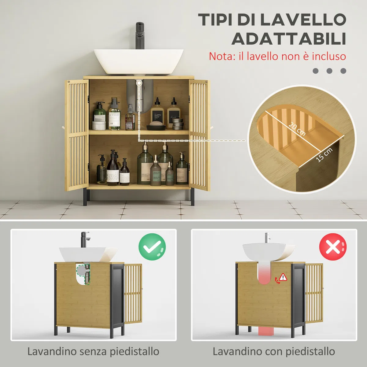 HOMCOM Mobile Sottolavabo Bagno con 2 Ante a Doghe, Armadietto Bagno in Legno di Bambù e MDF con Intaglio a U per Tubi, 60x30x70cm, Nero