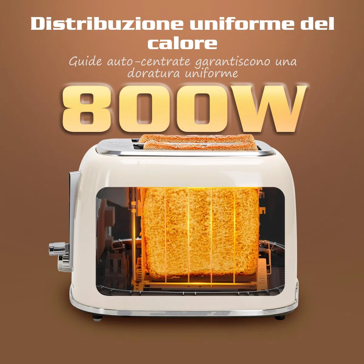 Aigostar Tostapane vintage, 2 fette con fessure extra larghe, 4 funzioni con funzione bagel, tostapane, 6 livelli di tostatura, 800W, acciaio inossidabile, vassoio raccogli briciole rimovibile, Cream