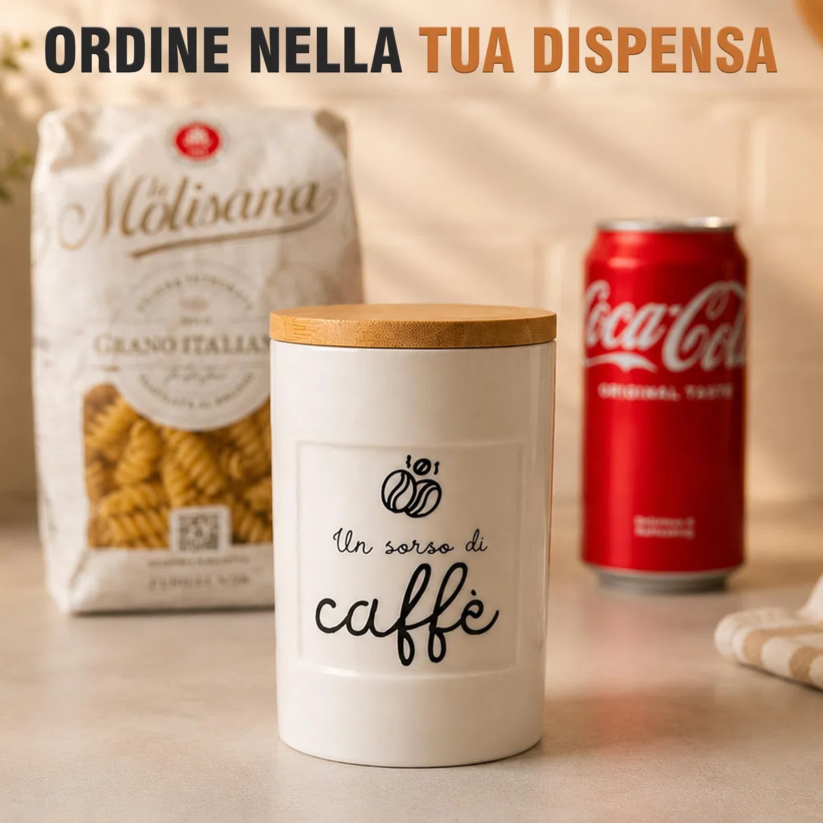 WELCOMAT, Set Barattoli Ceramica Sale Zucchero Caffè - 11cm / 600 ml - Idee Regalo Cucina, Barattolo con Chiusura Ermetica, Descrizione Simpatica, Contenitori, Vetro e Legno, Porta spezie