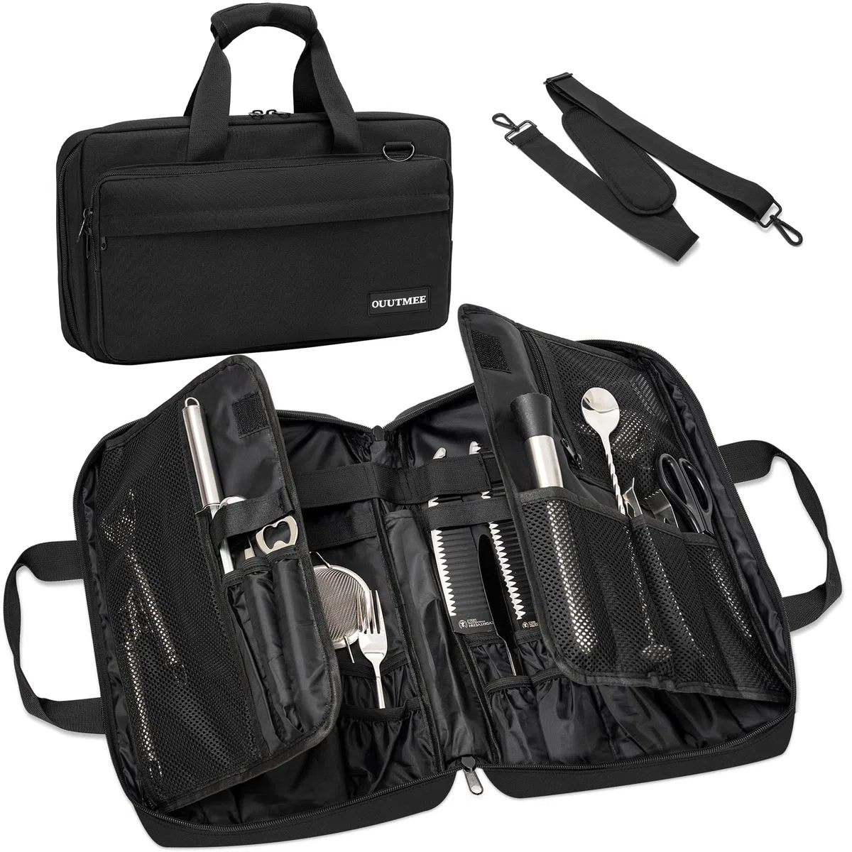 Portacoltelli da cuoco, tasca per coltello, 16 scomparti, borsa portatile, coltello professionale grande, manico e tracolla, 40 x 25 x 6 cm, nero