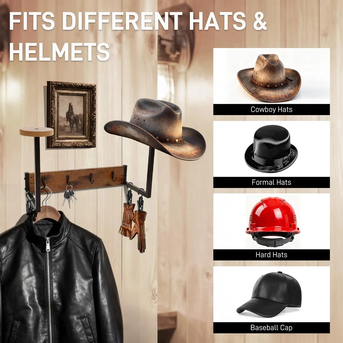 Porta Casco da Parete Appendi Casco Moto da Parete Porta Cappelli in Legno, 2 Supporti per Casco Tattico, 4 Ganci in Metallo e Clip, Appendiabiti per Cappelli, Asciugamani, Borse, Sciarpe
