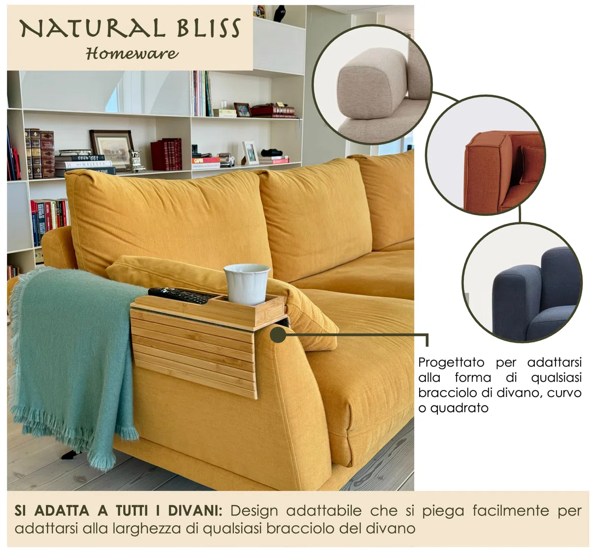 Natural Bliss Tavolino da Divano in bambù – Vassoio Portaoggetti per Bracciolo | Tavolo Flessibile, Pieghevole e Regolabile – Ideale per Tazze, Telecomandi e Cellulari