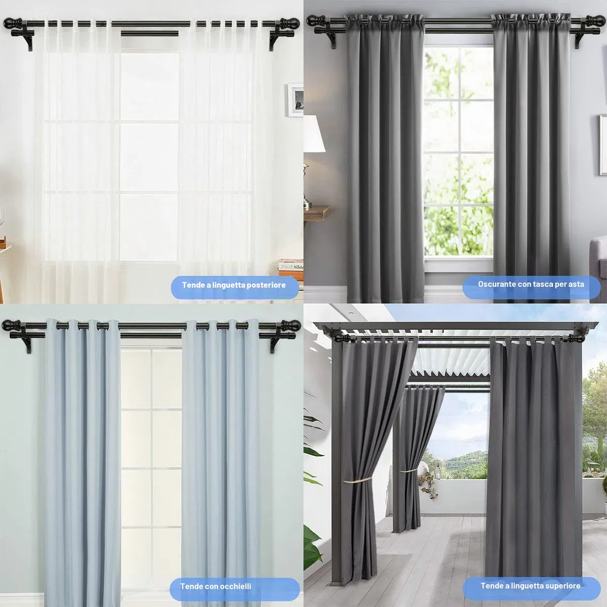 Harms - Bastone per tenda doppio, asta estensibile in metallo per tende in voile oscuranti, 76-222 cm, colore: nero